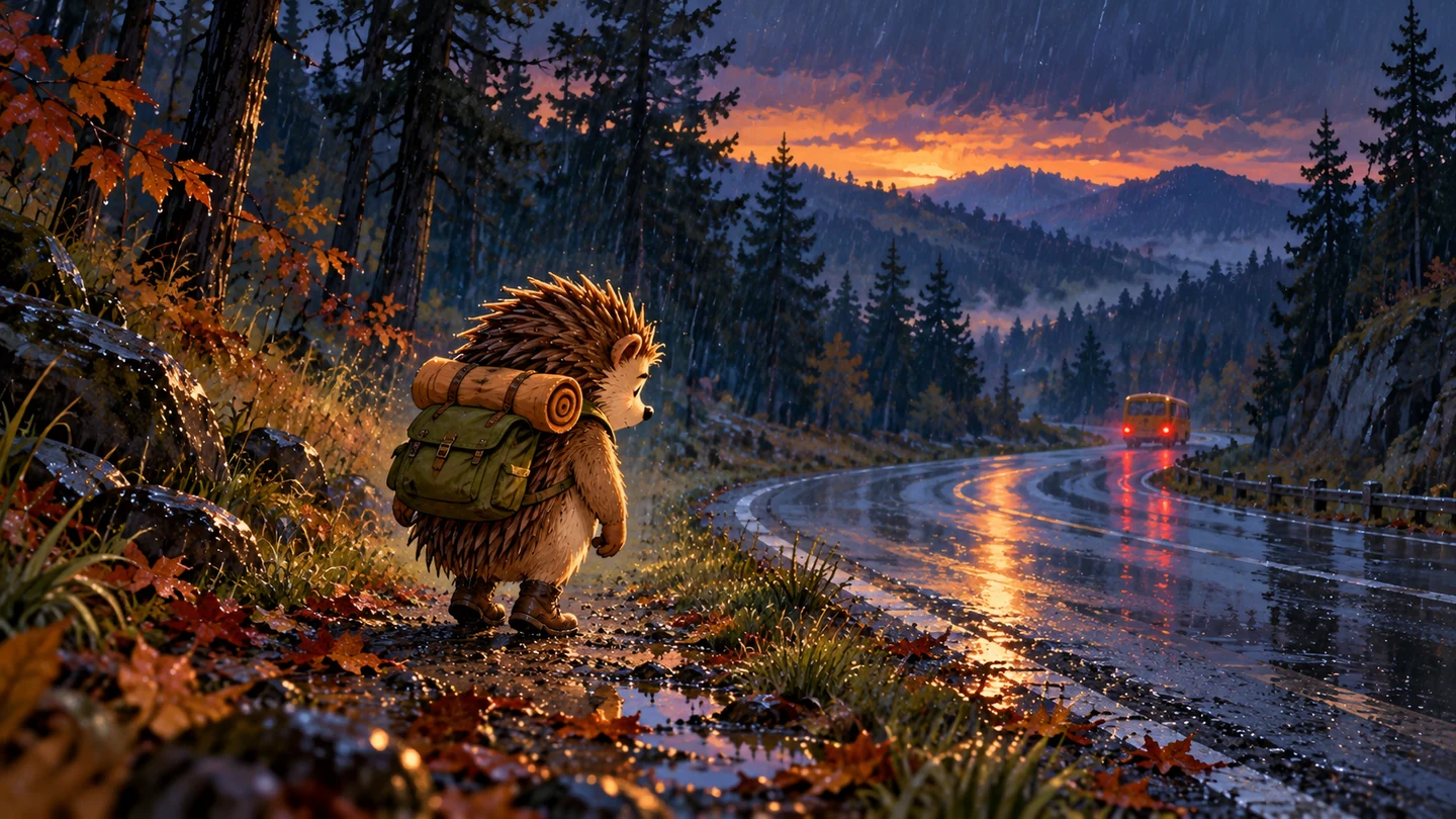 Versizo camina solo por el margen de una carretera del bosque, con la mochila verde y una esterilla, mientras las luces rojas de un autobús se alejan bajo la lluvia.